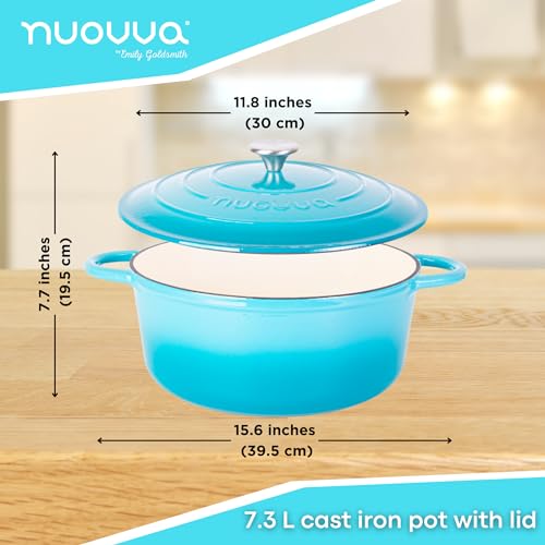 Image of Cast Iron Dutch Oven with Lid - Non-Stick Ovenproof Enamelled Casserole Pot - Sturdy Dutch Oven Cookware - Blue, 7.3- Quart, 30cm- by Nuovva