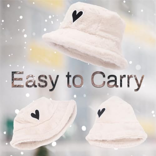 Image of Bucket Hat Women Furry Fuzzy Bucket Hats for Ladies, Winter Warm Fluffy Plush Faux Fur Hat for Women