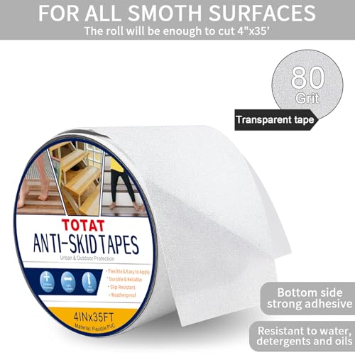 Image of Clear Anti Slip Tape for Stairs & Bathtubs, 4 inch x35FT Non-Skid Transparent Grip Tape - Soft PVC Safety Traction for Bare Feet, Pool Decks, Boats, Shower Floors