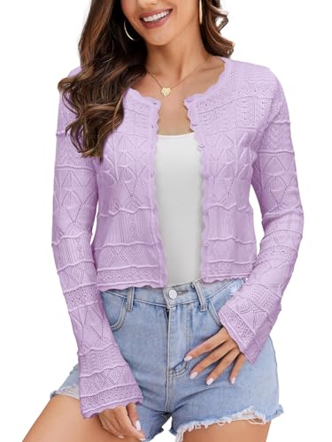 Image of FAIRY SEASON Women's Cropped Cardigan Sweater, Openwork Hollow Knit Shrug | Bell Sleeve, Versatile Outerwear to Match Dresses for Daily Outings, Dinner Dates and Casual Evening Occasions