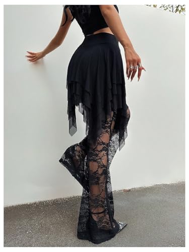 Verdusa Women's Plus Size Lace Floral Flare Pants Mesh Sheer Flowy Rave Trousers2