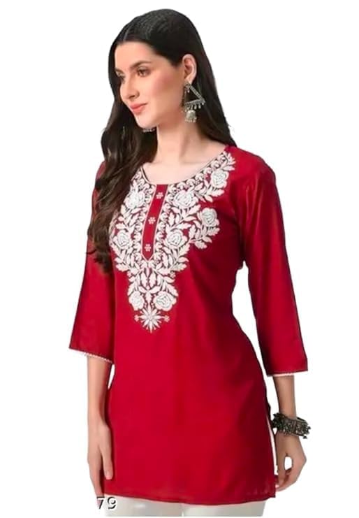 Libas Women Embroidery Short Kurti | Trendy Ethnic Wear Top | Comfortable Casual & Office Wear Kurta. in neutral