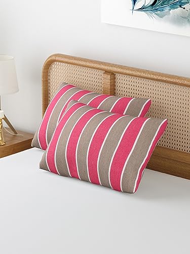 Image of 180 TC Pillow Cover Set of 2 | Pillow Cover Cotton 100% | Pillow Cover Set of 2 King Size | Wrinkle Free & Fade Resistance | Striped Pattern | Standard Size | All Season Use (Light Pink)