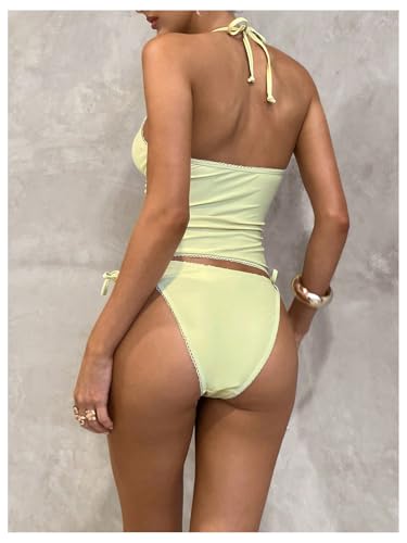 MakeMeChic Women's Tankini Swimsuits Floral Open Back Halter Top Thong Sets Bathing Suit Swimwear2