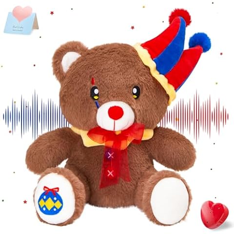 CozyWorld Recordable Clown Teddy Bear Plush Toy – 9.8" Soft Brown Teddy with Clown Hat and Red Bow,Voice Recording Clown Stuffed Animal Gift for Christmas Birthday Carnival Holiday Party Favors Decor Cover