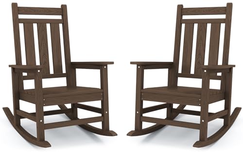 Image of KINGYES Oversized Outdoor Rocking Chair Set of 2, HDPE Patio Rockers, Coffee