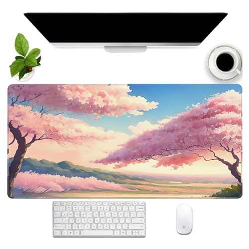 Grand tapis de souris pour bureau, 80 x 40 cm, tapis de souris de jeu imperméable avec base antidérapante et bords cousus pour jeu, travail, maison et bureau (style Sakura rose)