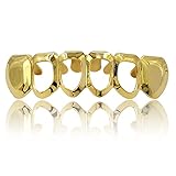 TOPGRILLZ 14K Gold Plated Open Face Top and Bottom Grillz for Your Teeth Vampire Grill Hip Hop Cosplay Costume Rapper Accessory (Extra 2 Molding Bars) (Gold Open Bottom)