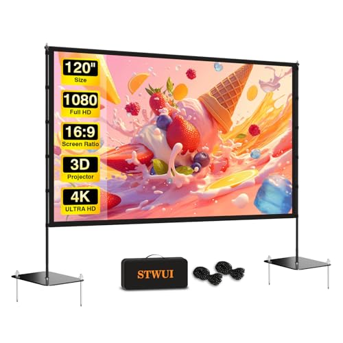 Image of STWUI Outdoor-Projector-Screen-with-Stand - 120 inch Portable Projection Screen Indoor Outdoor Projector Screens 16:9 4K HD Lightweight Movie Screen with Carry Bag for Backyard Movie Night