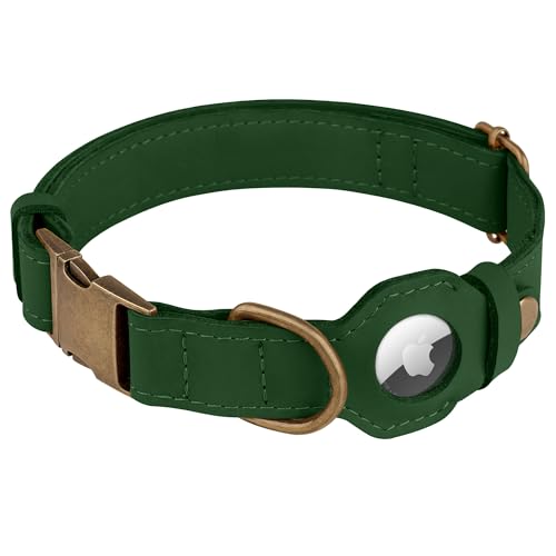 BUDKAS AirTag Dog Collar - Genuine Leather Dog Collar with Apple AirTag Holder and Metal Buckle - Smart GPS Tracking Pet Collars (Dark Green, L, 17"-21" Neck Fit) by BUDKAS - Image 2