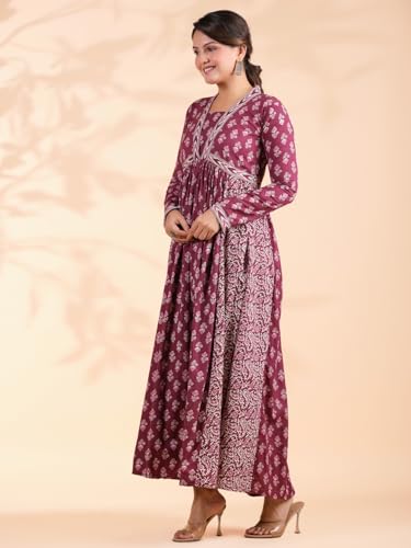 Image of Vbuyz Women's Floral Print Anarkali Cotton Aqua Blue Stitched Kurta | Anarkali Kurti for Women | Kurta for Women