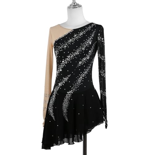 DIJITOO Vestido de patinação artística, manga comprida, costura de strass, traje de competição, coll