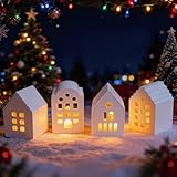 Mini Lichthaus Kerzenhalter für Weihnachten, Mini Lichthaus Gips Kerzenhalter für Weihnachtsdeko, Weihnachtslaterne LED, Dekorative Teelichthaus Gips Windlicht Set von 4 für Room Wohnzimmer