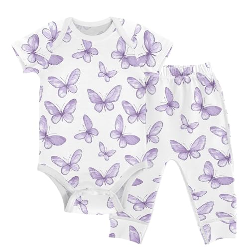 vvfelixl Light Purple Butterfly Baby Bodysuits Set,Baby Layette Sets Unisex Short Sleeve Babys Pants Sets 6-9M