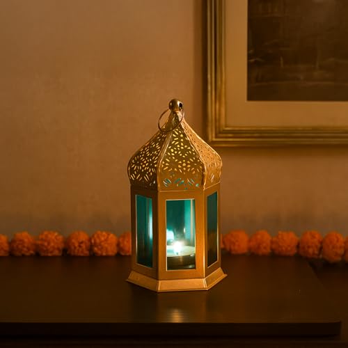 Image of MARKET 99 Metal & Glass Moroccan Lantern Candle Holder | Decorative Tealight Lantern for Home Decor, Living Room & Table | Valentine, Diwali, Wedding-Golden & Blue | (Use LED T-Light only)