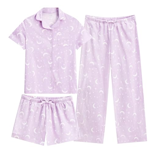 Image of US Angels Girls Pajama Set 3 Piece, Short Sleeve Button Down PJs with Shorts & Pants, Soft Sleepwear Girls & Tweens Size 5-16