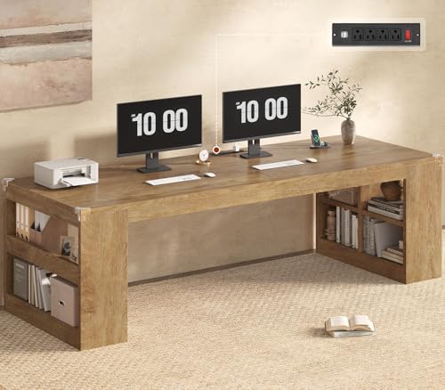 UPOSOJA 2 Person Desk with Power Outlet, 86.6' Wood Office Desk with Storage Shelves & Cable Management, Extra Long Computer Desk, Two Person Gaming Desk, Double Writing Table for Home Office, Oak