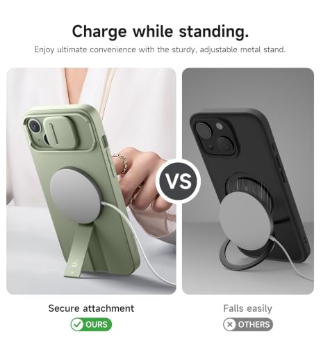 Image of SURITCH for iPhone 14 Plus /15 Plus Case with Magnetic Camera Slide Cover and Adjustable Kickstand, Compatible with MagSafe, Shockproof Bumper Case Slim Protective Cover 6.7 Inch, Green