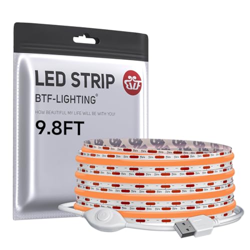 Image of BTF-LIGHTING FCOB COB LED Strip Lights 5V USB Powered Orange Color for TV | 9.8FT 960LEDs CRI90+ Dimmable Super Bright LED Light with 3M Tape for TV Backlight PC 3D Printer Cabinet Home DIY Lighting