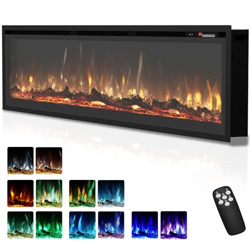 Image of EUHOMY 60 Inch Electric Fireplace Recessed Wall Mounted Freestanding with Remote Control, Ultra-thin Fireplace Heater with Adjustable Flame Color, Linear Fireplace with Timer, Log & Crystal, 750 /1500W