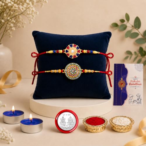 Image of DeoDap Rakhi with Tealight Candle for Brother - Multicolour Round Shape Rakhi 2 Pc with Tealight Candle 2 Pc, Silver Color Coin, Roli Chawal and Greeting Card - Raksha Bandhan Combo for Bhai (Pack of 7)