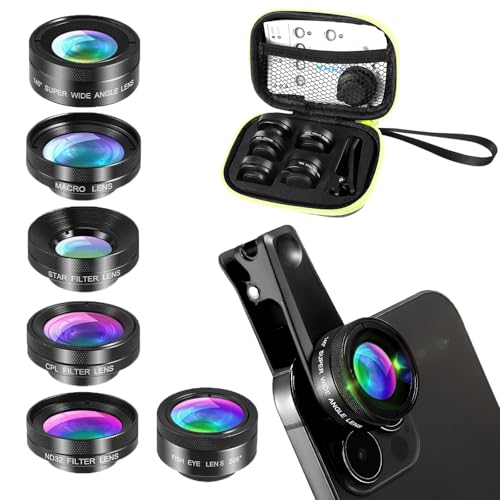 6 in 1 Universal Handy Objektiv Kit, 205° Fisheye Lens, 140° 0.4X Weitwinkel, 25X Makroobjektiv, ND32/CPL Filter Lens, Sternfilter, Clip-On Adapter für...