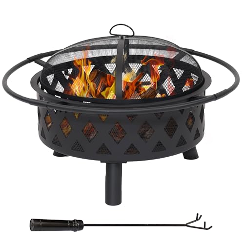 Sunnydaze Crossweave Outdoor Fire Pit - Wood-Burning Fire Pit for Outside with Spark Screen, Poker and Round Cover - 30-Inch - Black