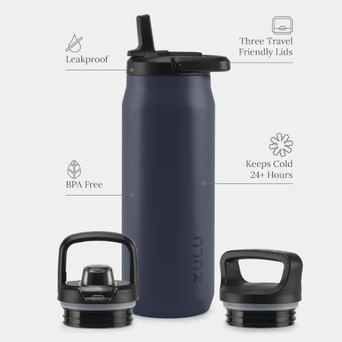 Image of ZULU Base 32oz Stainless Steel Water Bottle with 3 Lids- Straw, Chug, Twist | Double Walled and Vacuum Insulated Metal Thermos | For Gym, Outdoor | Built in Carry Loop, Dishwasher Safe, Navy