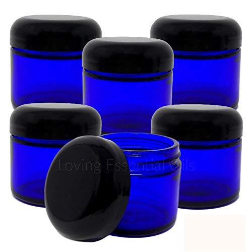 Loving Essential Oils 2oz Blue Glass Jars With Lids, Easy To Fill & Reuse Containers, Safely Store Homemade Salve, Cream, Lip Scrubs, Oil Blends. DIY RECIPE Guide & LIFETIME Warranty Included (6 jars)