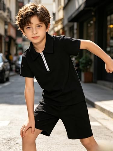 Image of Yoxindax Boys Clothes 2-Piece Casual Street Style Turn-Down Collar Half Zip Kids 4-12 Years Teen Boys Summer Outfits