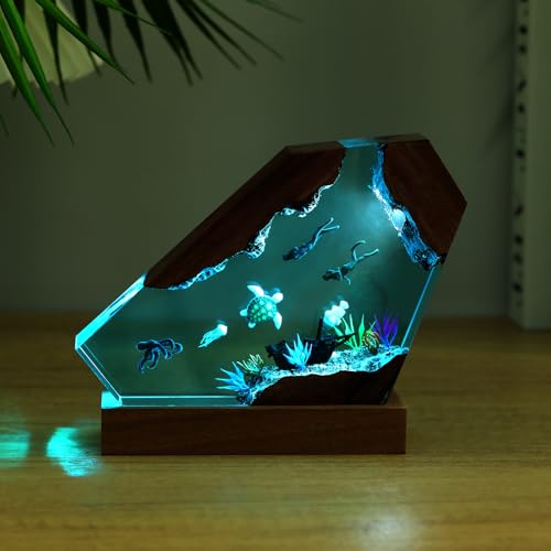 Drawelry Ocean Creative Epoxy Resin Wood Light Lamp, Handmade Multi