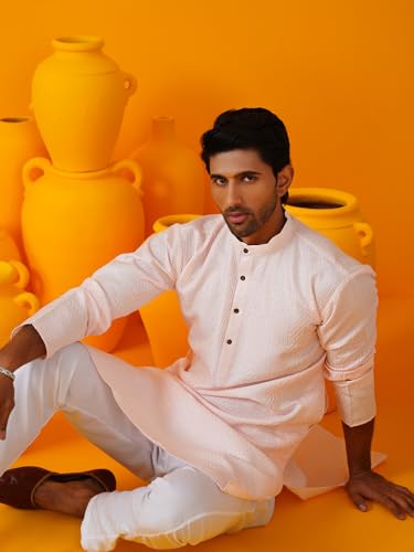 Image of SOJANYA (Since 1958 Men's Silk Bend Krochet Thread Embroidered Kurta with White Pyjama