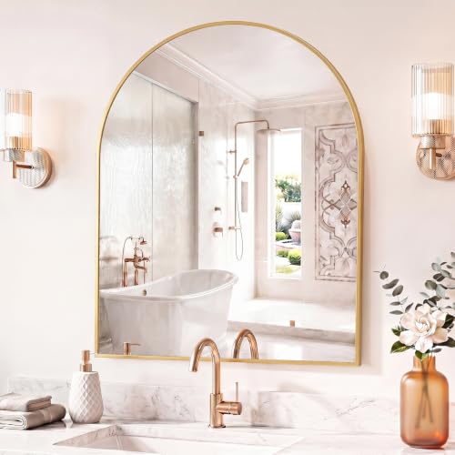 Image of Sweetcrispy 30 inchx38 inch Arched Gold Bathroom Mirror, Bathroom Mirrors for Over Sink, Modern Wall Mirrors Arch Decorative for Entryway, Bedroom, Vanity,Horizontal or Vertical Hanging