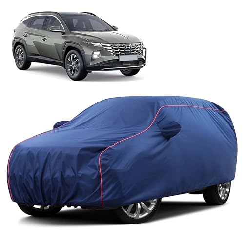 Image of Sulfar 100% Water Resistant Car Body Cover Compatible with Mirror for Hyundai Tucson (Triple Stitched, Full Bottom Elastic, Blue Taffeta with Red Piping)