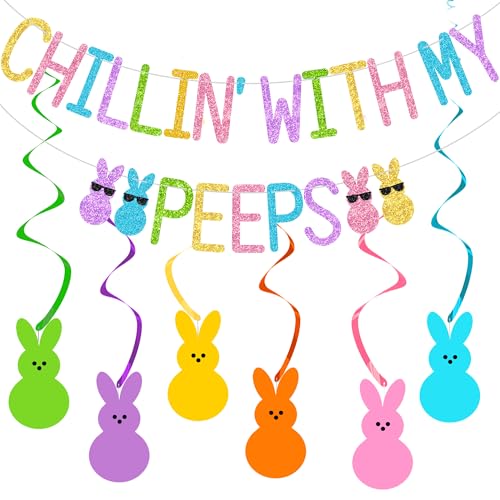 Glitter Chillin with My Peeps Banner with Bunny Hanging Swirls - NO DIY - Easter Party Decorations Happy Easter Banner for Spring Easter Bunny Party Supplies Easter Peeps Decorations