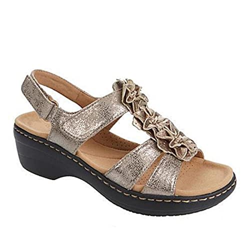 Ecoodisk Zapatos de mujer Verano Tallas grandes Sandalias de flor de punta redonda Sandalias de cuña Mujer Sandal Oro,42