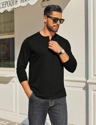 COOFANDY Mens Henley Shirt Long Sleeve Casual Stretch Solid T-Shirts Fashion Pullover Lightweight Fall Tops2