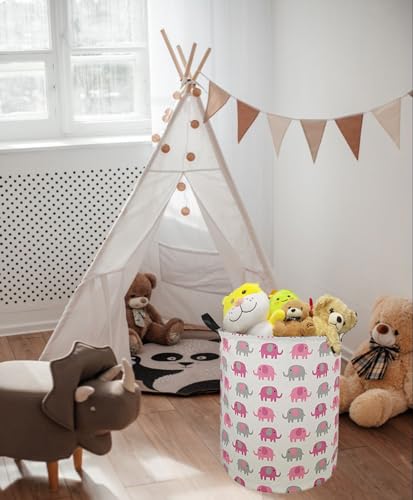 Image of Round Pink Elephant PatternLaundry Hamper Storage Basket Fabric Material Storage Hamper Organization Basket, Storage Bin, Gift Box with Handles for Room