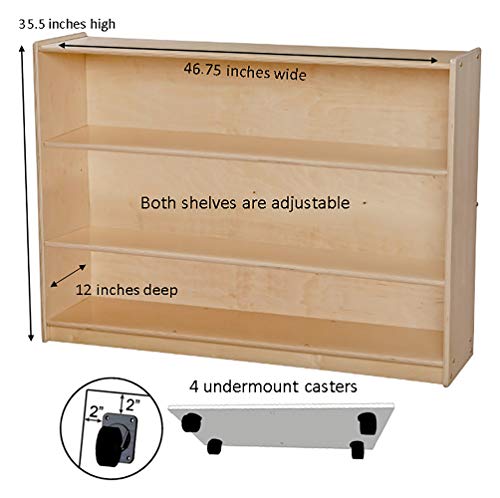 Image of Sprogs SPG-2472A Mobile Adjustable Bookcase Without Lip - Unassembled, 35 1 /2 inch Height, 12 inch Wide, 46 3 /4 inch Length, Natural