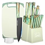 16-Piece Kitchen Knife Block Set with Cutting Board - German Stainless Steel Knives, Built-In Sharpener, Dishwasher Safe, Anti-Slip Handle - All-in-One Cutlery Set for Home/Kitchen (Cyan)