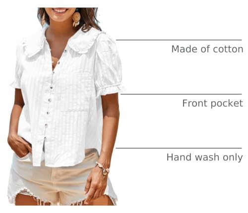 Image of Tankaneo Womens Puff Sleeve Shirts Peter Pan Collar Button Down Cotton Blouse Casual Summer Textured Tops