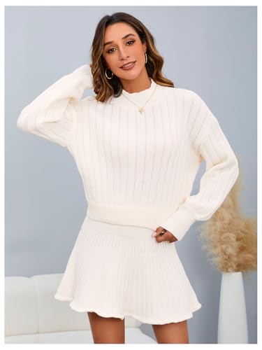Image of MakeMeChic Women's Sweater Skirt Sets 2 Piece Outfits Ribbed Knit Mock Neck Sweater Pullovers A Line Mini Skirt Set