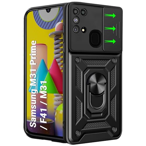 Image of TheGiftKart Tough Armor Bumper Back Cover Case for Samsung Galaxy M31 / F41 / M31 Prime | Ring Holder & Kickstand in-Built | 360 Degree Protection Back Case (PC & TPU, Sliding Camera Cover, Black)