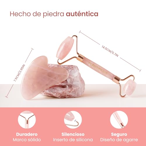 PLANTIFIQUE Gua Sha y Rodillo Facial de Cuarzo Rosa - Masajeador Facial Antiarrugas para Tonificar la Piel - Face Roller - Rodillo Masaje y Guasha de Piedra Natural - imagen 5