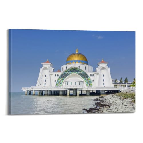 Impression sur toile Mosquée de Malacca WIZIGM - Tableau paysage moderne de 40 x 60 cm avec cadre