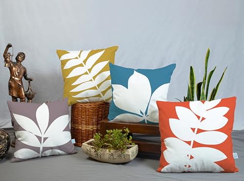 STITCHNEST Leaf Multicolour Digital Printed Poly Cotton Square Cushion Covers, Set of 4 with Filler (12 x 12 Inches)
