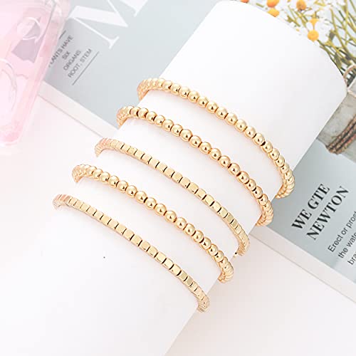 Beaded Bracelets For Women Girls Stacking Beads Stretch Bracelets Set Vintage Gold Plated Strand Bracelet (Gold Cube Round) #TOP3