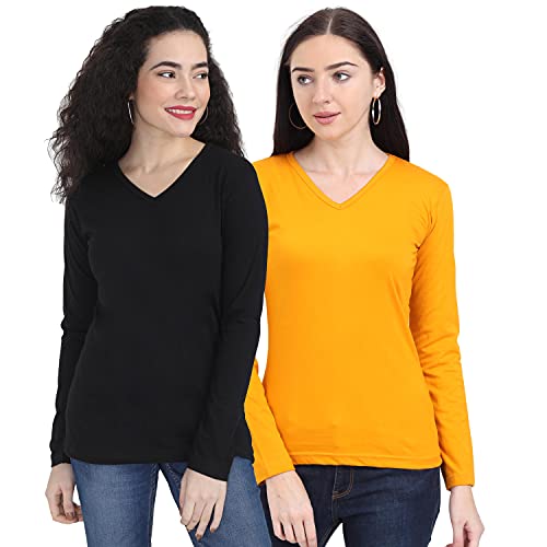 Image of FLEXIMAA Women's Cotton Plain V Neck Full Sleeve T-Shirt