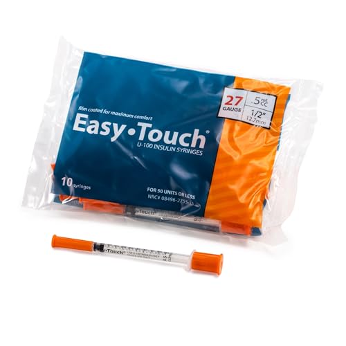 Image of Easy Touch 27 Gauge U-100 Insulin Syringes (27G 0.5cc 1 /2 inch) with 1 /2 inch Long Needle, 0.5cc (50 Unit Capacity), Bold Markings for Accurate Dosing, Disposable, Box of 100
