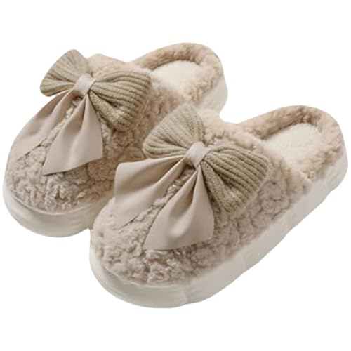 Women's Winter Plush Bow Slippers - Warm Fuzzy Lining, Non-Slip Sole, Indoor/Outdoor - Machine Washable Shoes